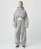 Prinoar [Set-Up] String Oversized Crop Two-Way Zip-Up Hoodie + Single-Pleat String Pants - Melange Melange/Top (M) - Bottom (S)