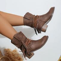 Pirate Boots Woman Pleated Tassel Mid-calf Boots Women Pointed Toe Chunky Heel Short Boots Female Slip-on Boots Plus Size 43 35