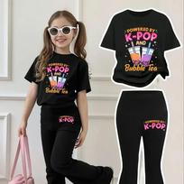 Girl's Fashionable Milk Tea Outfit, Black Round Neck T-shirt, Printed with Colorful K-Pop Cute Pattern Flared Pants Casual Wear 160 gray