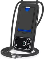 Marka Niezdefiniowana - Dėklas su kortelių laikikliu ir virvele iPhone 18 Pro Max / 17 Pro Max telefonui iš skysto silikono – Juodas