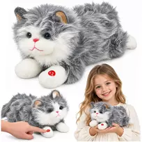 Lean Toys Pliušinis katinas su kniaukimo garsais, pilkas ir baltas, 40 × 18 × 16 cm