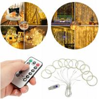 LED šviesos užuolaida su kabliukais, 300 LED, USB, 3 × 3 m, nuotolinio valdymo pultas, laikmatis, šilta balta šviesa, IP44
