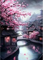 Diamond painting rinkinys „Japonija – žydinti vyšnia“ su priedais