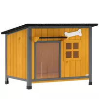 Lauko medinė šunų būda su atidaromu stogu, išimamu dugnu, durų užuolaida ir plieniniu rėmu, 84,5 × 62 × 65 cm