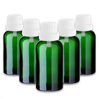 Žalia stiklinė butelė 30 ml su balta lašintuve, rinkinys 5 vnt.