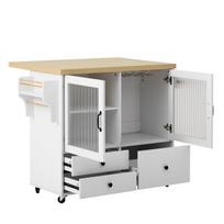 Balta mobili virtuvės sala 100x42x92 cm su ištraukiamu stalviršiu vyno lentyna ir ratukais virtuvei ir svetainei