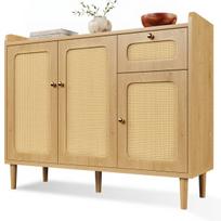 Ąžuolo spalvos komoda, 120 × 40 × 91 cm, 3 durelės, 1 stalčius, rotango pynimo fasadai, MDF, reguliuojamos lentynos