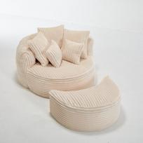 Smėlio spalvos apvalus šezlongas su pufu, 168 × 123 × 63 cm, minkšta šenilinė sofa-lova, poilsio kėdė svetainei