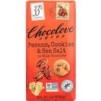 Chocolove, Pekano riešutai, sausainiai ir jūros druska pieniškame šokolade, 33 % kakavos, 90 g