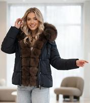 Šilta pūkinė striukė su žąsų pūkų užpildu ir nuimamu LISOS KAILIU, One Size
