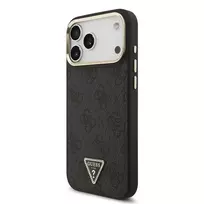 GUESS PU Leather 4G Rhinestone Triangle Logo Gold Frame MagSafe Case for iPhone 17 Pro Max Black