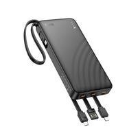 Hoco 10000 mAh 2A power bank with four built-in cables: USB-A, USB-C, Lightning, and Micro-USB, in black