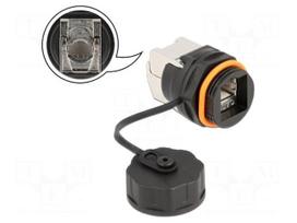 RJ 45 coupler | RJ45 socket | with flap | black | on cable | Cat 6a