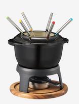 Dorre - Foni Fondue Cast Iron Enamelled Black Acacia Wood Tray 21*18.4*9.8 Cm - Fondiu rinkinys - Juoda