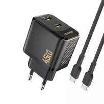 Dudao A28PCEU 45W GaN sieninis įkroviklis su 2x USB-C ir 1 m USB-C laidu - Juoda