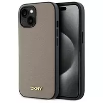 DKNY DKHMP15SPGHLME Kietas dėklas, skirtas Apple iPhone 15 6,1 inch smėlio spalvos, grūdėtos tekstūros, metalinis logotipas, MagSafe
