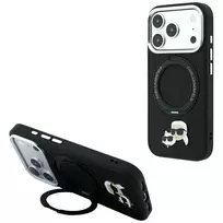Karl Lagerfeld Ring Stand 360 Karl & Choupette Heads Pin dėklas iPhone 18 Pro / 17 Pro telefonams su MagSafe, juodas