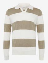 Davida Cashmere - Man Fine Knit Open Collar Striped - Polo marškinėliai ilgomis rankovėmis - Smėlio
