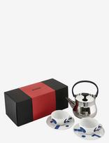 Alessi - Set Consisting Of Kettle ‘Cha’ And Two Teacups With Saucers In Decorated Porcelain - Arbatos puodelis - Sidabro