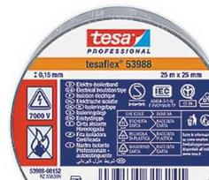 Tesa izoliacinė juosta 25 m x 25 mm – Tesaflex 53988 pilka, VDE PVC, izoliavimo ir kabelių žymėjimo darbams