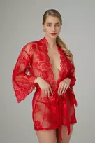 Christine Lace Kimono Graceful Red - Elegant Sheer Robe with Belt