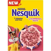 Braškių skonio pusryčių dribsnių rutuliukai su vitaminais ir geležimi NESTLE NESQUIK STRAWBERRY, 330 g