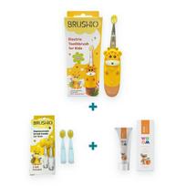 BRUSHIO Kids elektrinis dantų šepetėlis 2-12 m. (geltonas) + 2 geltonos galvutės + WOOM KIDS dantų pasta, rinkinys