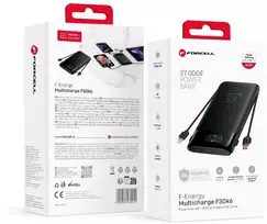 FORCELL F-ENERGY F30K6 Multicharge powerbank with built-in cables Type C and Lightning PD QC3.0 3A 65W 27000 mAh juodas