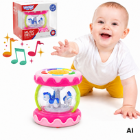 WOOPIE BABY Rožinis būgnelis su muzikine dėžute ir projektoriumi 3-in-1 muzikinis žaislas kūdikiams + volas mokymuisi ropoti