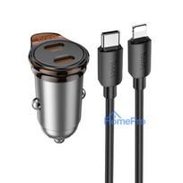 Car charger Hoco 2 x USB C QC PD 45W + cable USB C to Lightning NZ16B metal gray