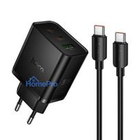 Phone charger Hoco 2x USB C + USB A QC3.0 PD 3A 65W + data cable USB C to USB C N75 black