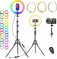 FGRYB 10 cm RGB LED žiedinė lempa su statyvu, reguliuojama spalva ir ryškumu, modelis MJ26, tinka makiažui, fotografijai, vaizdo įrašams, selfiams