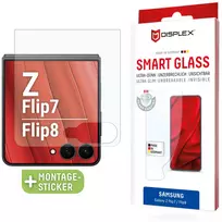 Displex Smart Glass (9H), skirta Samsung Z Flip7/Z Flip8, tvirtinimo lipdukas, nedūžtantis, Samsung, Galaxy Z Flip7/Z Flip8, sausojo klijavimo, atsparus lūžimui, atsparus nešvarumams, atsparus įbrėžimams, permatomas, 1 vnt.