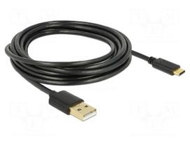 Cable | USB 2.0 | USB A plug,USB C plug | 3m | black | 23AWG,28AWG