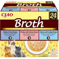 Inaba kačių skanėstai Ciao Broth DLKIBNKAM0012, 24x40g, vištiena, tunas, lašiša, šukutės, be grūdų, be glitimo, drėgmė 88%