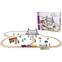 Eichhorn medinis traukinio rinkinys 100006204, 55 vnt, 5 m, tiltas, bėgiai, iešmai, ženklai, medžiai, namai, automobilis, tunelis