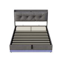 Apmušta dvigulė lova 140x200 cm su LED, USB, Type-C ir hidrauline daiktadėže, aksomas, pilka
