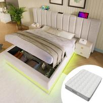 Dvigulė lova su LED ir USB, 180x200 cm, smėlio, su čiužiniu, 1 vnt