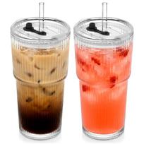 Puodeliai stikliniai su dangteliu ir šiaudeliu 500 ml 2 vnt. skaidrūs 9x9x17 cm Orion