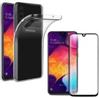 Samsung Galaxy A50 dėklas - Minkštas skaidrus silikonas + Juodas kraštas viso paviršiaus grūdintas stiklas ekranui [Phonillico®]