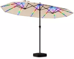 Sodo skėtis dvipusis su 144 LED lemputėmis, smėlio spalvos, 436 × 258 × 254 cm