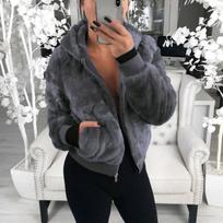Luxurious Women's Teddy Bear Coat Jacket Winter Warm Hooded Fur Fluffy Outwear Overcoat L tamsiai pilka spalva