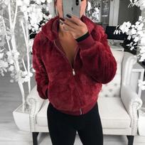 Luxurious Women's Teddy Bear Coat Jacket Winter Warm Hooded Fur Fluffy Outwear Overcoat L vyno raudonos spalvos