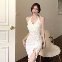 Sexy Spice Girl Neck V-Neck Suspender Dress Women's Summer Port Style Retro Backless Drawstring Folds Nightclub Hip Wrap Dress S