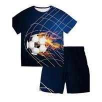 Vasaros rinkinys apvaliu kaklu su 3D futbolo spauda, madingas ir kasdienis, trumpomis rankovėmis ir šortais, vaikiški berniukų drabužių rinkiniai 120 blue