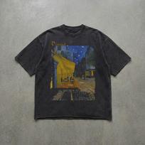 Van Gogh Café Terrace T-Shirt | Faded Raw Hem Art Tee | Heavy Cotton Unisex Streetwear 3XL gray