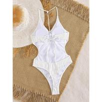 Pearls Wrinkled V Neck Thong Women Swimwear One Piece Swimsuit Female Backless Monokini High Cut Bathing Suit Swim Beach wear XL beige