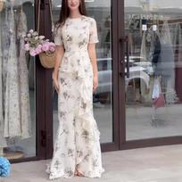 Women's Sexy Slim Fit Ruffle Dress with Dandelion Print - European and American Style, Round Neck Short Sleeve Large balta