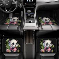 4pcs Set Bamboo Eating Cute Panda Printed Car Floor Mats Durable Polyester Material With Creative And Stylish Design, Universal B gray