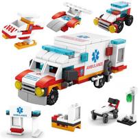 6 IN1 City Ambulance Helicopter Escort Car  Paramedic Doctor Building Blocks Mini Loader Truck Classical Model Sets Bricks Toy gray